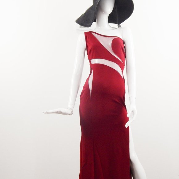 One-shoulder dress Mesh floor length red Holiday Attire - Picture 12 of 12